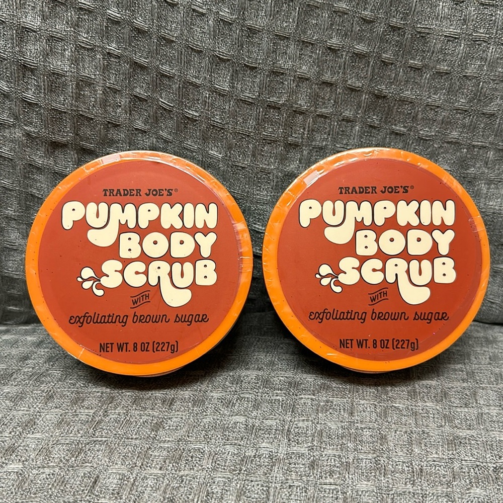 Trader Joe’s, pumpkin body scrub with exfoliating brown sugar set of two, sealed